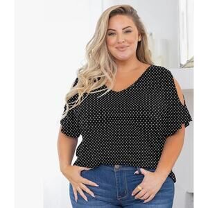 Cold Shoulder Women's V-Neck Short Sleeve Polka Dot Pullover Top Size 1X Black